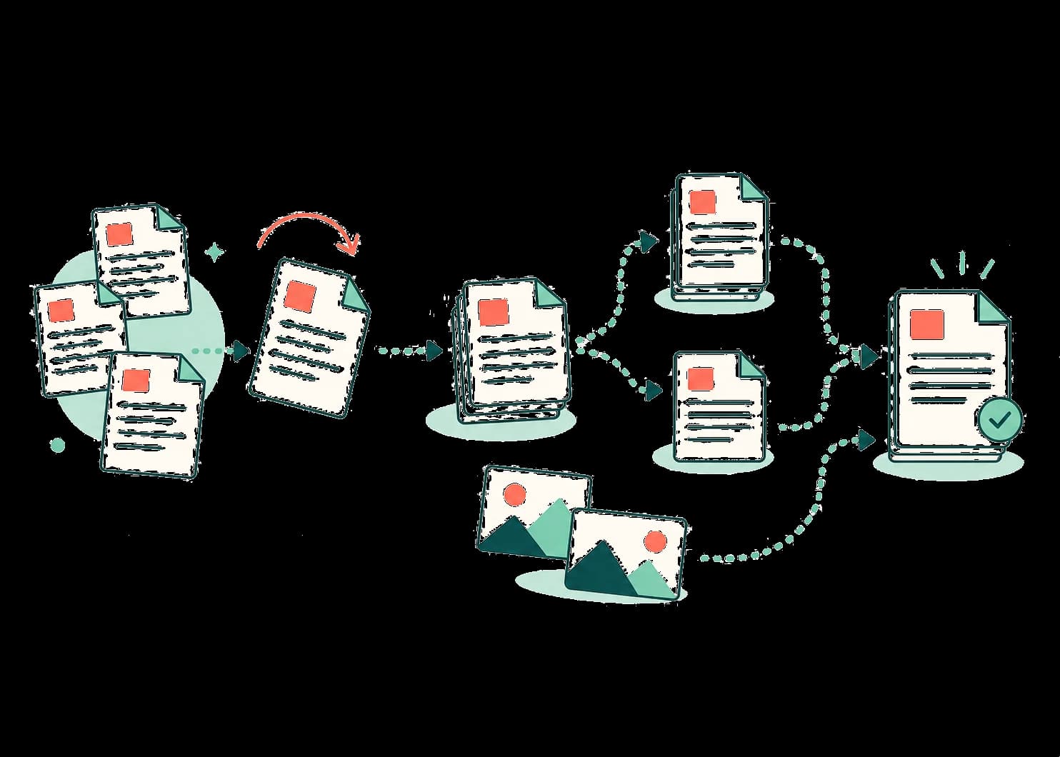 A visual workflow showing PDF pages and images being organized into a finished document
